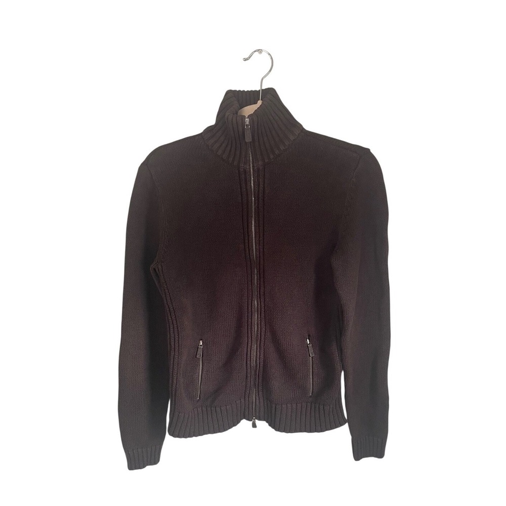 Lauren‎ Ralph Lauren Womens Brown Cotton Full Zip Shaker Knit Cardigan Sweater M